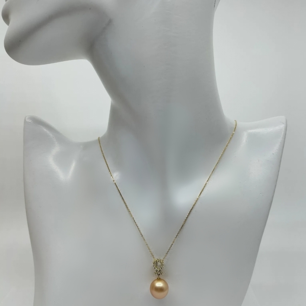 18K Yellow Gold Golden South Sea Pearl Diamond Pendant Necklace - Picture 3 of 14